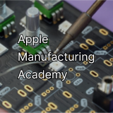 Circuit board background with text “Apple Manufacturing Academy.”