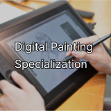 Hands using a pen tablet with text “Digital Painting Specialization.”