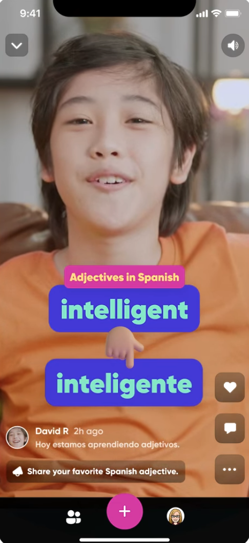 A screenshot showing an ESL learner talking about his favorite Spanish adjective in a video